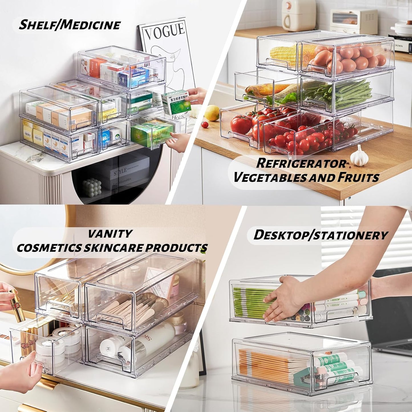 Clear Stackable Refrigerator Organizers and Storage Drawers - Pull-Out Fridge Bins with handles for Kitchen，Pantry，Cabinet，Bathroom, Undersink，Closet (2 Pack)