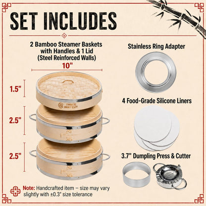 Bamboo Steamer Basket 10 Inch Extra Deep Easy Lift Handles Dumpling Steamer