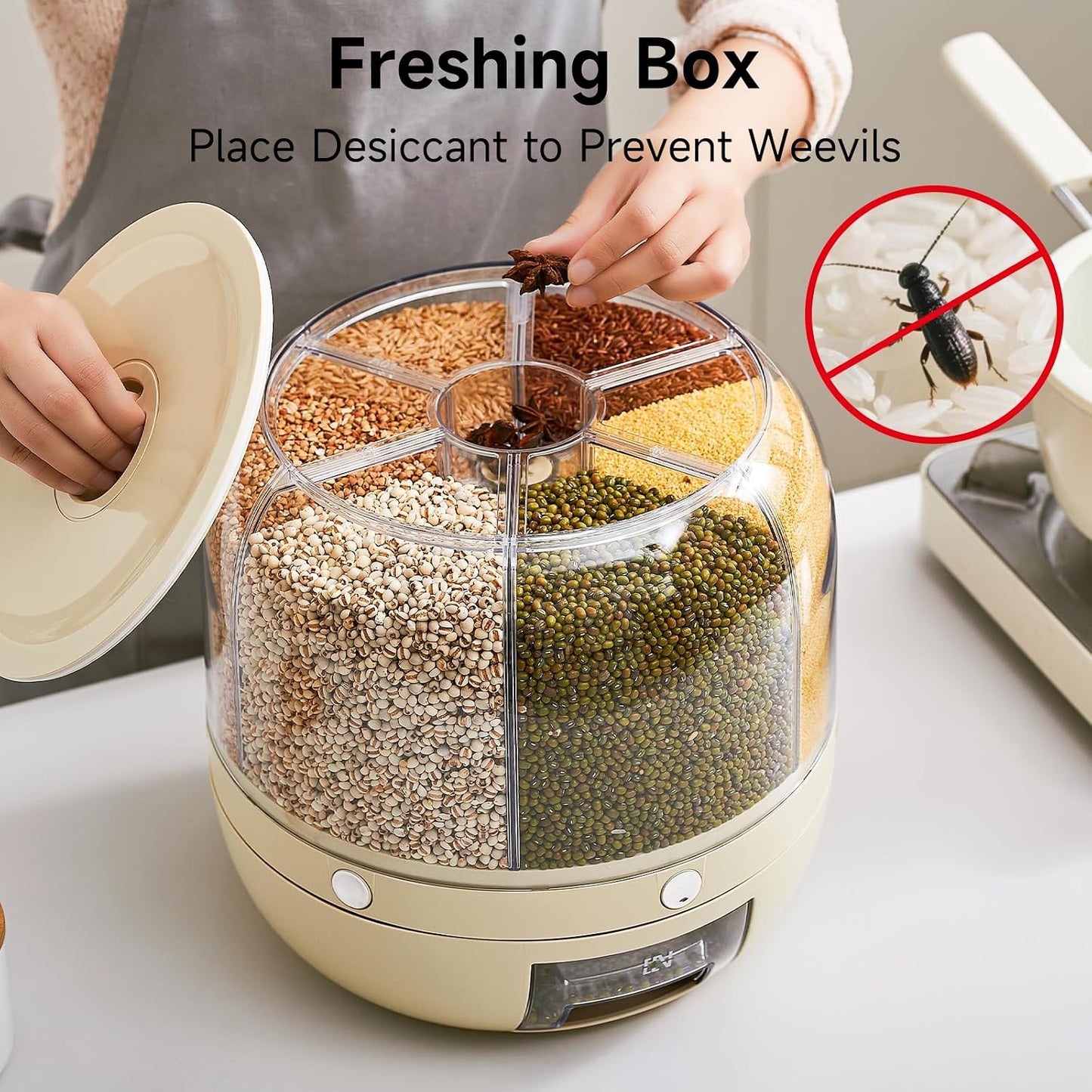 UFORU Rice Dispenser | 360° Rotating Grain Storage Bin - 6 Grids, 20LBS Large Capacity Food Container, Moisture-Proof, One-Click Output for Rice, Beans & Pet Food - Kitchen Pantry Organizer