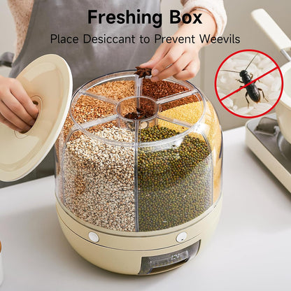 UFORU Rice Dispenser | 360° Rotating Grain Storage Bin - 6 Grids, 20LBS Large Capacity Food Container, Moisture-Proof, One-Click Output for Rice, Beans & Pet Food - Kitchen Pantry Organizer