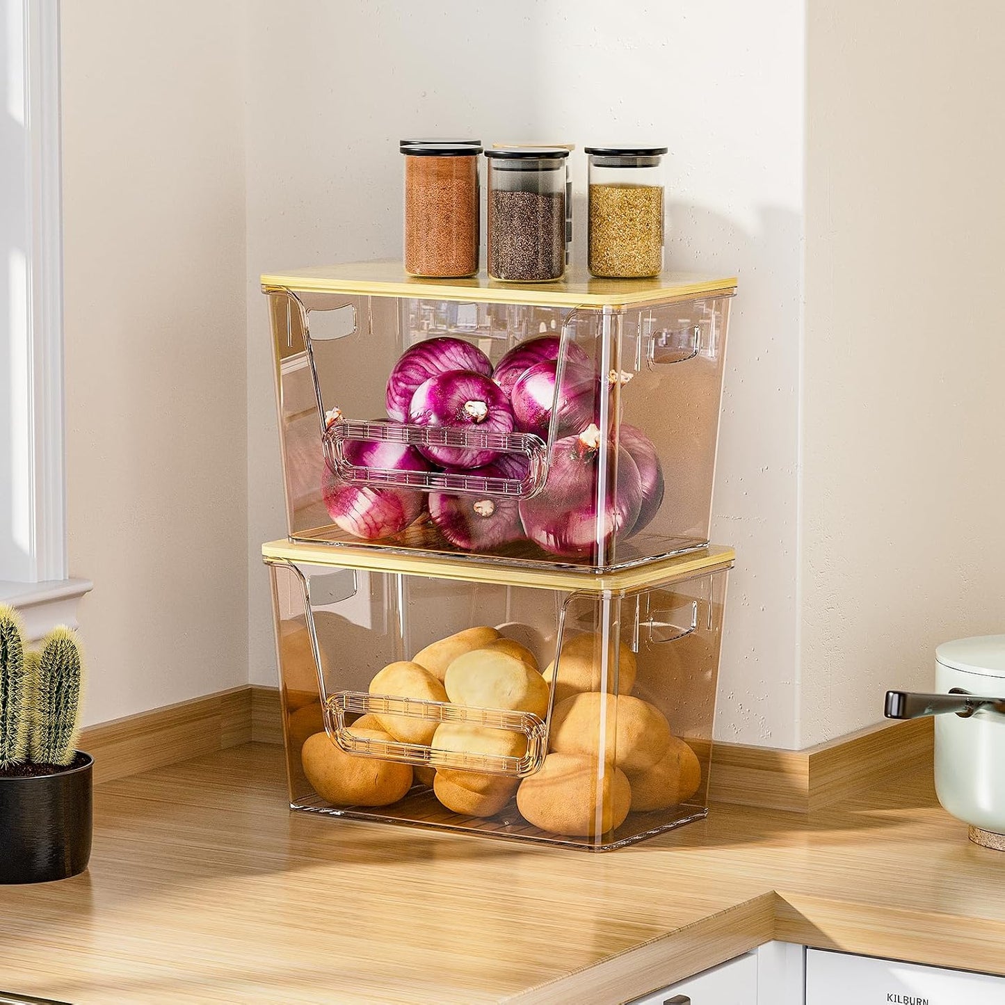Delamu 2 Set Pantry Organizers and Storage, Trash Bag Holder Under Sink Organizer for 4-13 Gal Bags, Trash Bag Dispenser with Bamboo Top for Onion, Potato, Garlic, Clear (11-7/32"L*7" W*7-1/8"H)