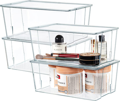 Hudgan 4 Pack Clear Plastic Storage Bins with Bamboo Lids, Stackable Storage Containers for Organizing Medicine Cabinet Organizer, Craft Room, Bread Box