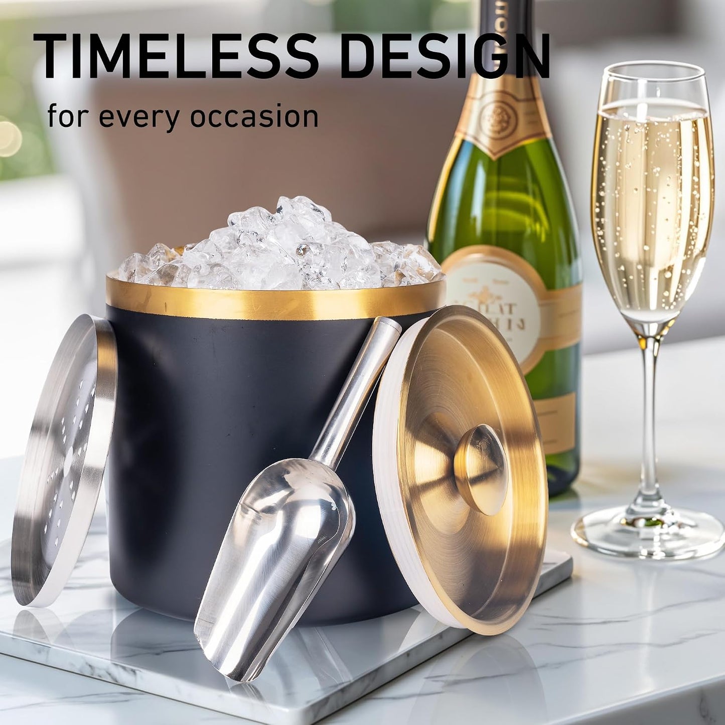 3L beige white Double Wall Insulated Stainless Steel Ice Bucket with scoop for Cocktail Bar,Metal Ice Bucket for freezer with Lid for parties.ice Container to Keep Ice Colder,bar cart accessories