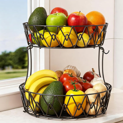 3 Tier Fruit Basket with 2 Banana Hangers for Kitchen Counter | 3-Tier Detachable Design,Metal Wire Construction, Wooden Handle, Large Capacity, Multi-Purpose Organizer,Mesh Basket
