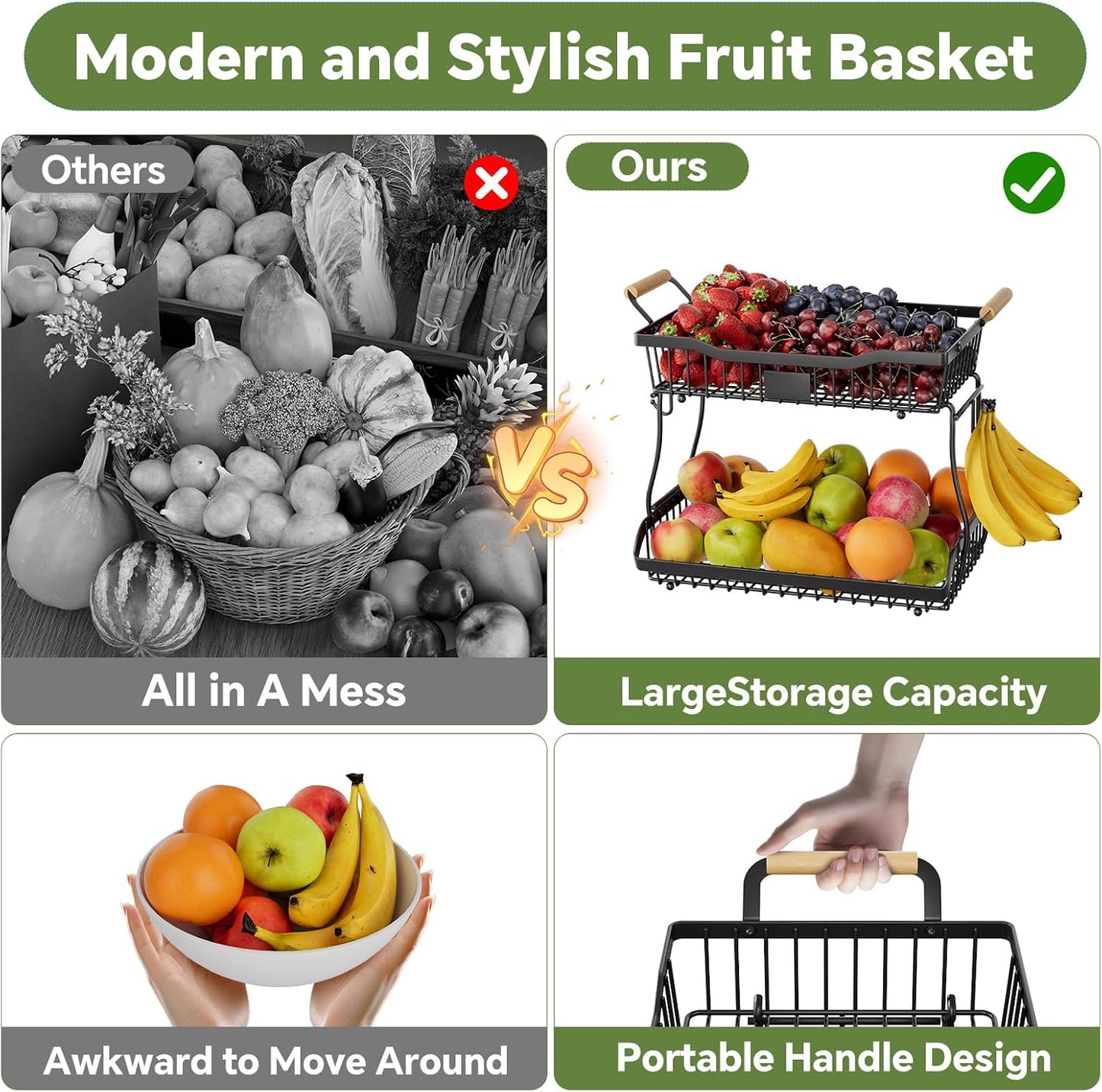 Simple Trending Fruit Basket 2-Tier Detachable, with Banana Hangers & Rust-Proof Metal Mesh, Ventilated Kitchen Organizer for Countertop, Perfect for Fruits, Vegetables, Snacks Storage