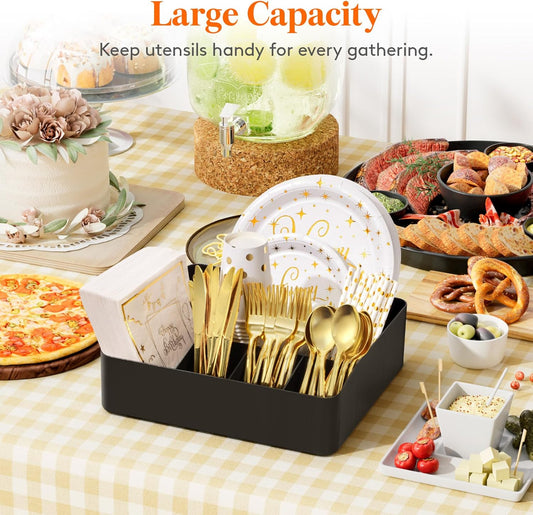 Lifewit Paper Plate Organizer for Kitchen Countertop, Plastic Silverware Caddy for Party, Utensil Holder with 7 Compartment, Cutlery Flatware Dispenser Box for Cup Spoon Fork Napkin, Black, 29 -31cm
