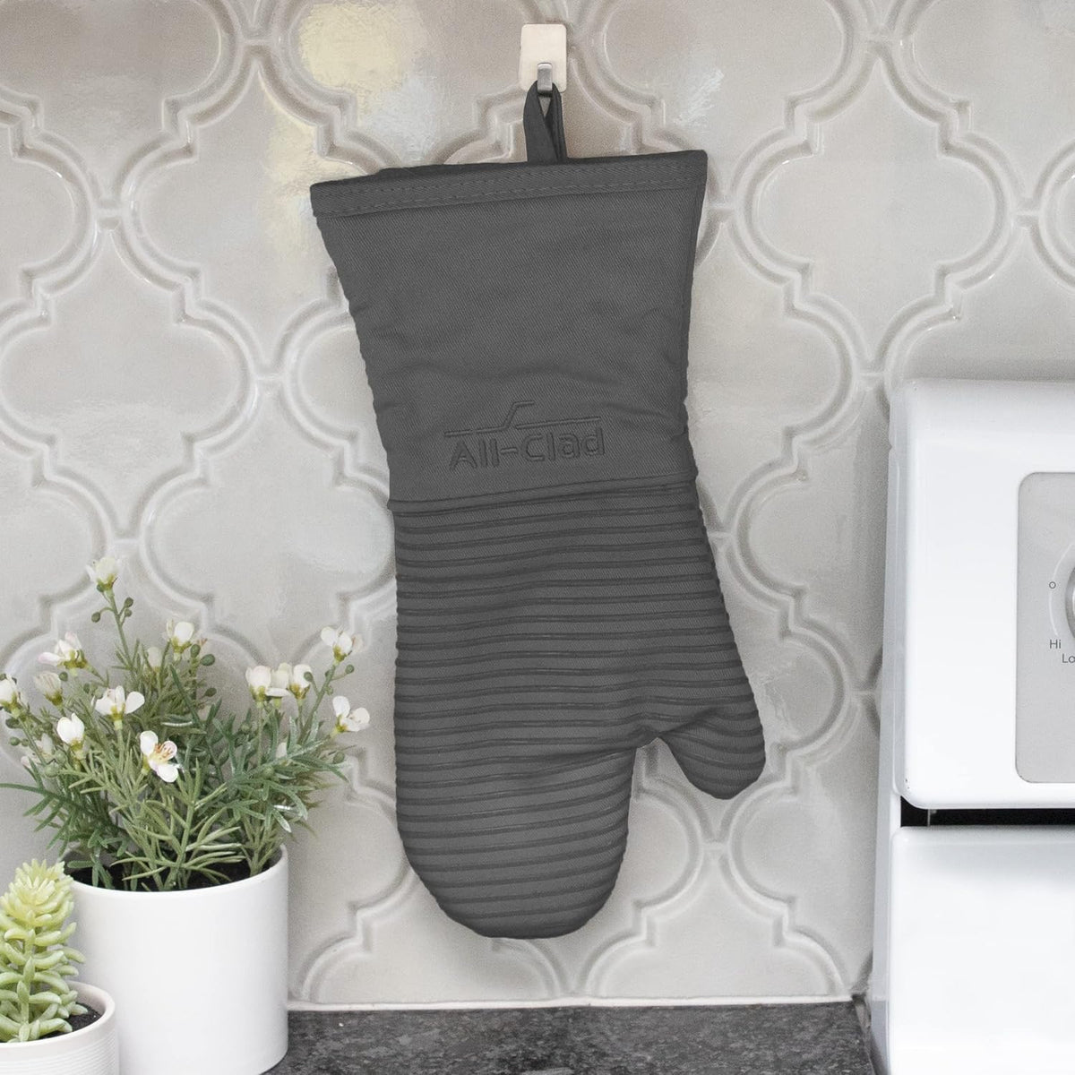 All-Clad Silicone Oven Mitts: Heat Resistant up to 500 Degrees - 100% Cotton & Silicone, 14"x7" Oven Mitt for Kitchen and Barbeque, Pewter