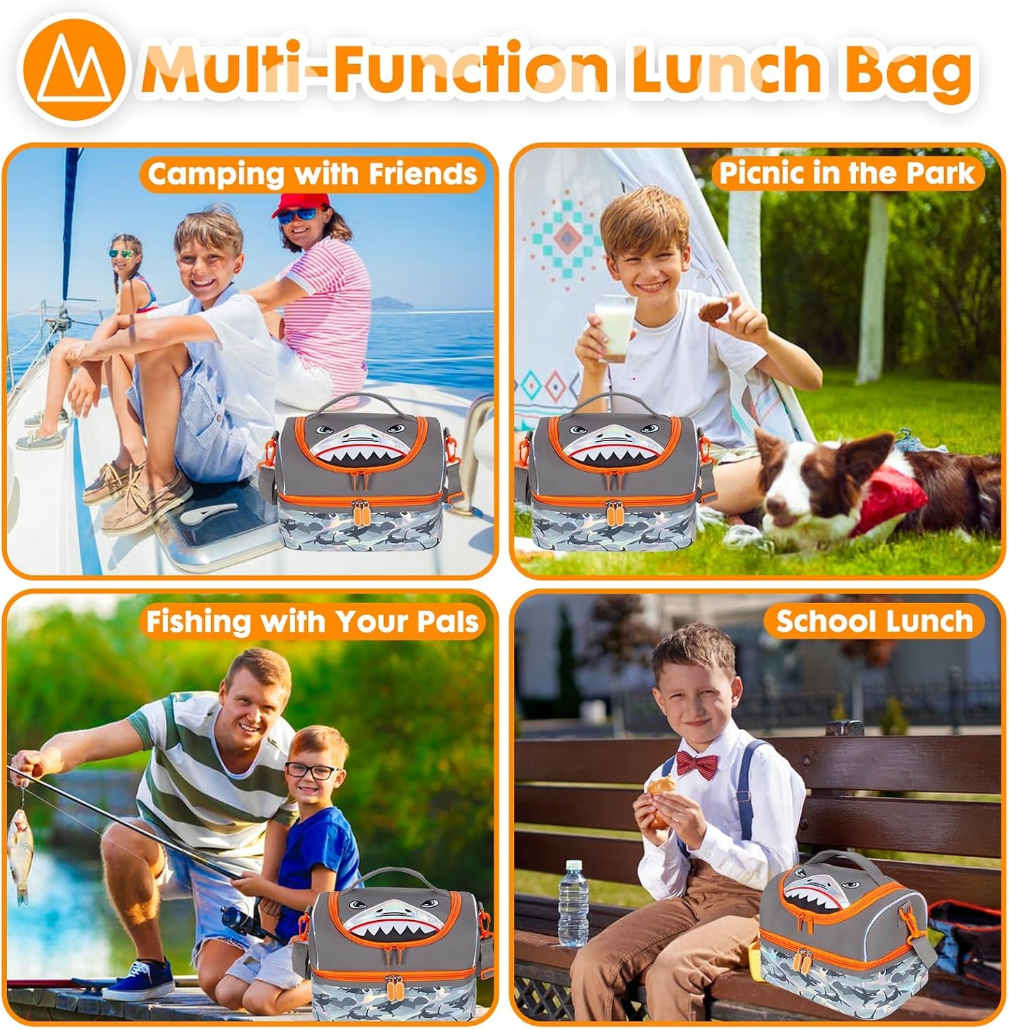 Kids Double Decker Cooler Insulated Lunch Bag, Back to School Large Meal Tote for Boys, Girls, Men, Women, with Adjustable Strap, Soccer