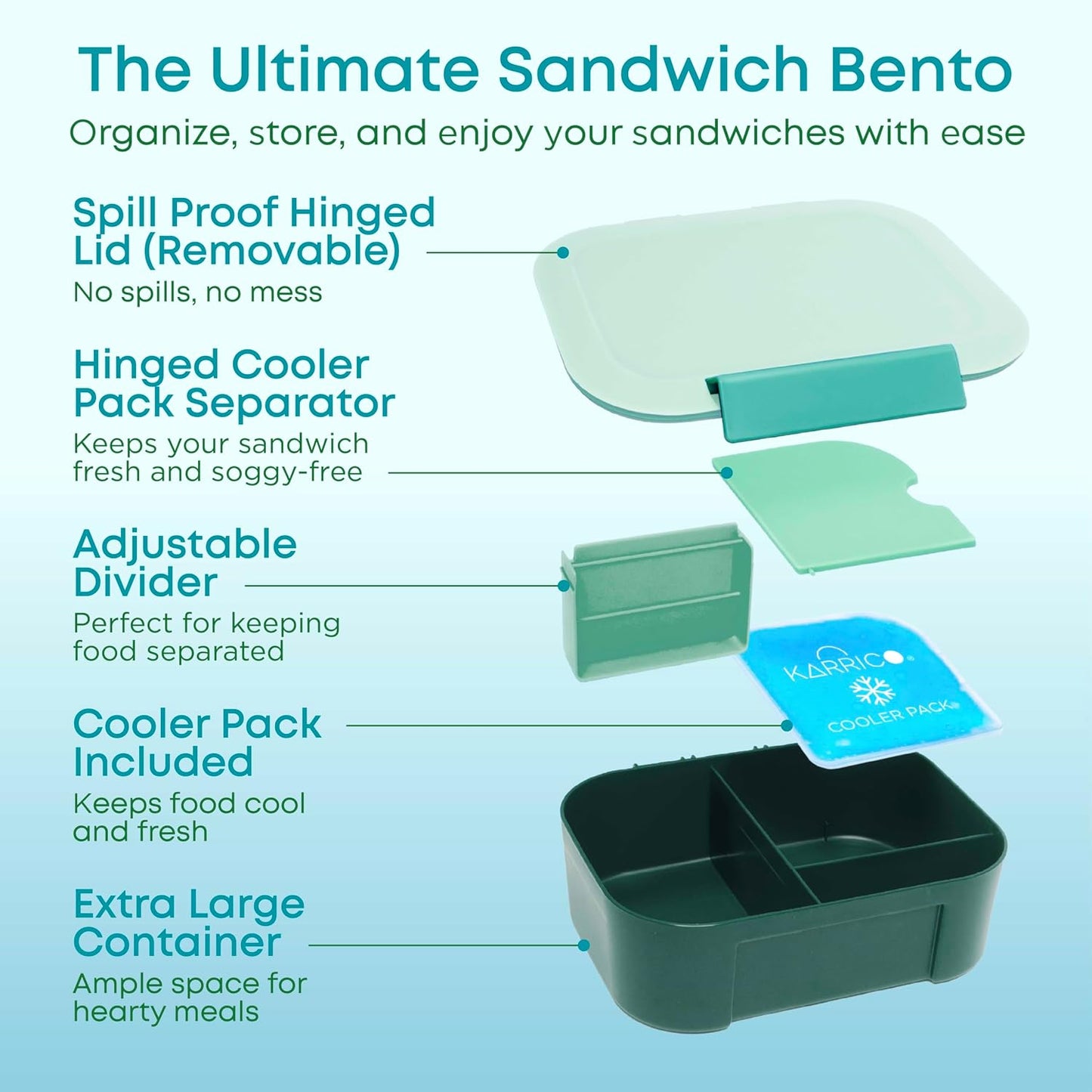 KARRICO Leakproof Lunch Box – 3-Compartment Bento Box, Cooler Pack & Adjustable Divider, Extra Large & BPA-Free – Dishwasher Safe, Ideal for On-the-Go Meals, Green