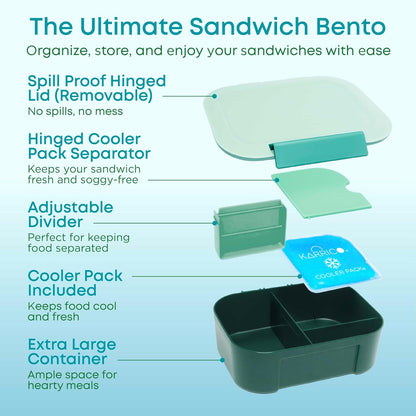 KARRICO Leakproof Lunch Box – 3-Compartment Bento Box, Cooler Pack & Adjustable Divider, Extra Large & BPA-Free – Dishwasher Safe, Ideal for On-the-Go Meals, Green