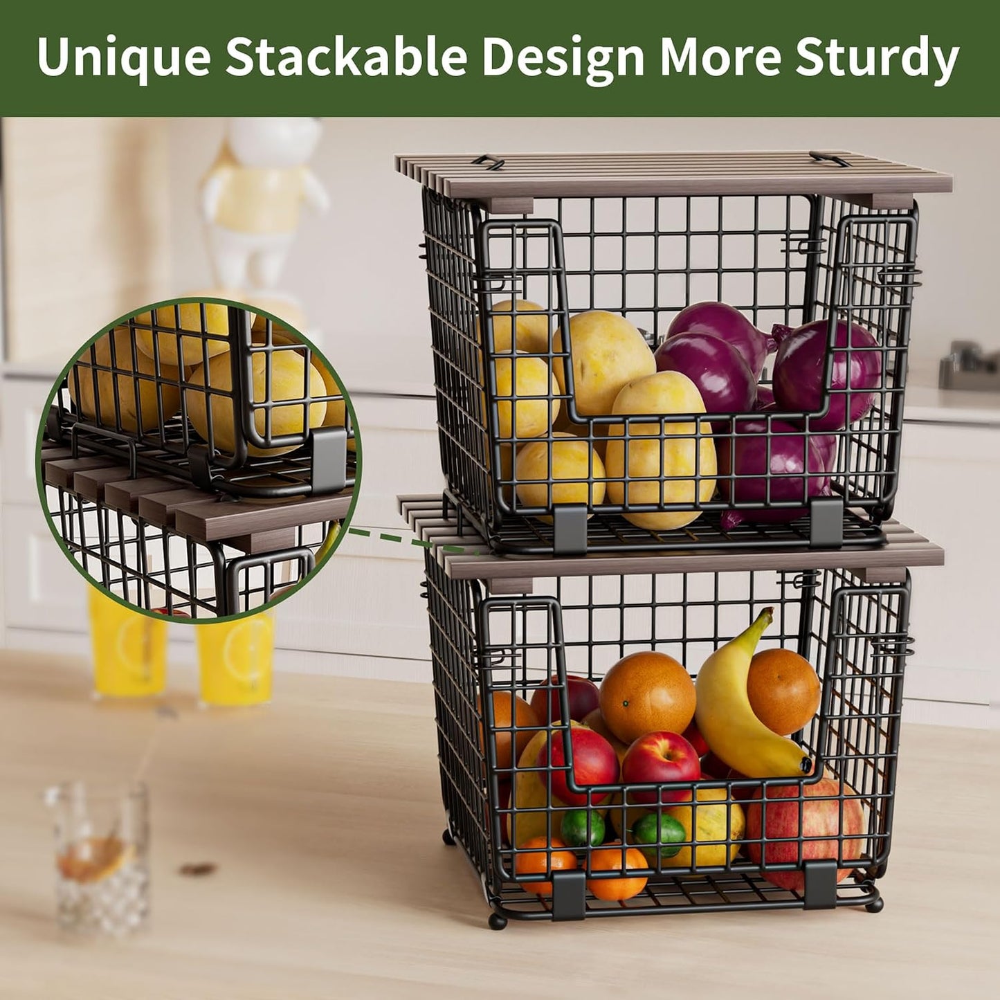 Wire Storage Basket for Kitchen Pantry: GGIU Stackable Kitchen Counter Organizers - Wire Organizing Bin for Produce Fruit Vegetable Potato and Onion Black