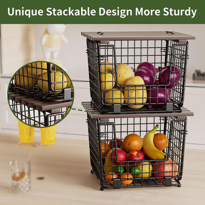 Wire Storage Basket for Kitchen Pantry: GGIU Stackable Kitchen Counter Organizers - Wire Organizing Bin for Produce Fruit Vegetable Potato and Onion Black