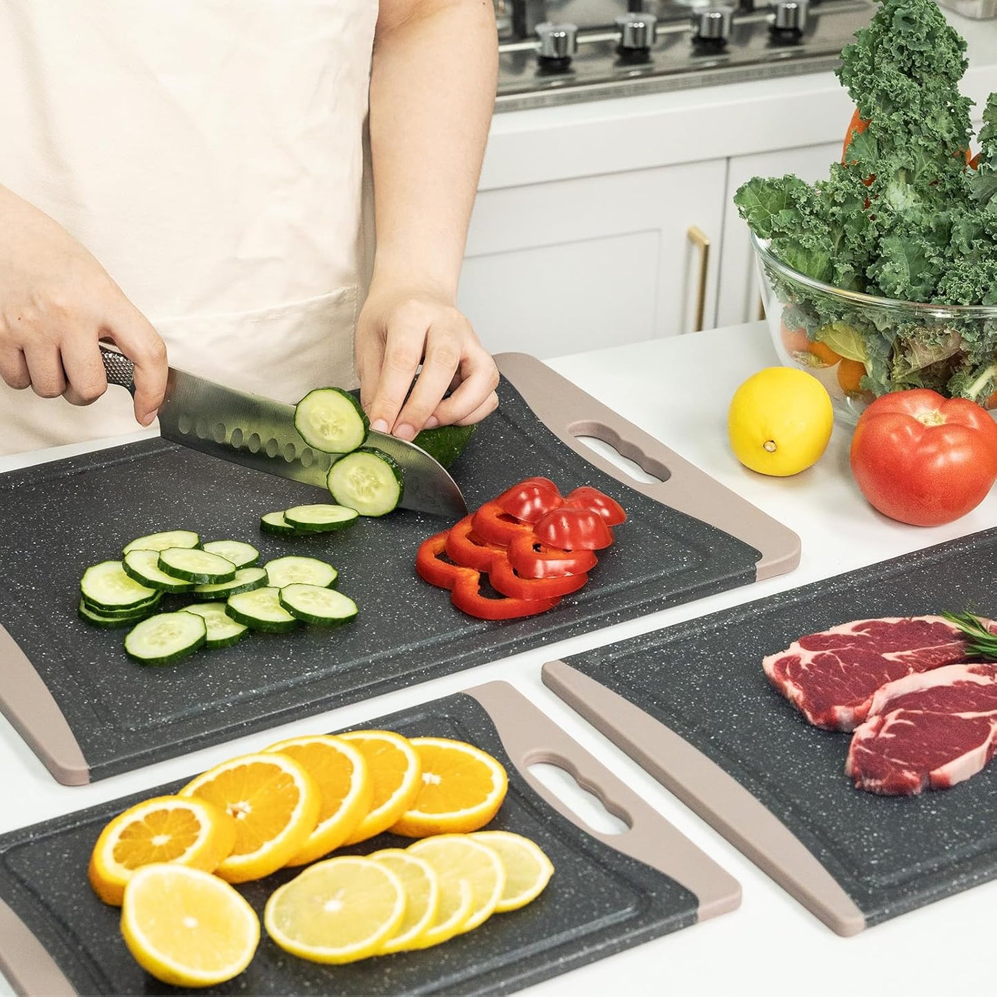 Extra Large Cutting Boards, Plastic Cutting Boards for Kitchen (Set of 3) Cutting Board Set Dishwasher Chopping Board with Juice Grooves Easy-Grip Handles, Dark Grey, Empune