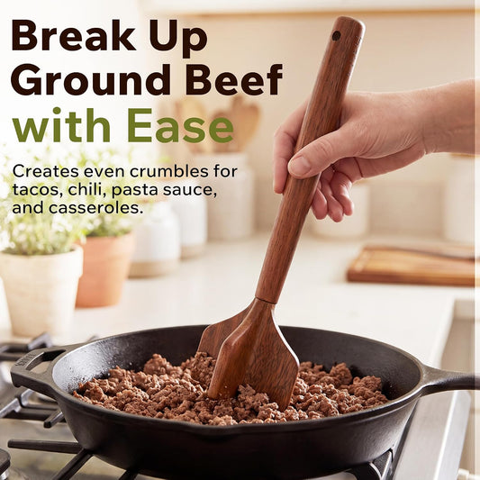 Wooden Meat Masher for Ground Beef, 10.5 Inch Teak Wood Meat Chopper, Heavy Duty Hamburger Smasher Tool for Ground Meat, Burgers, Beef and Turkey, Manual Kitchen Gadget for Nonstick Cookware