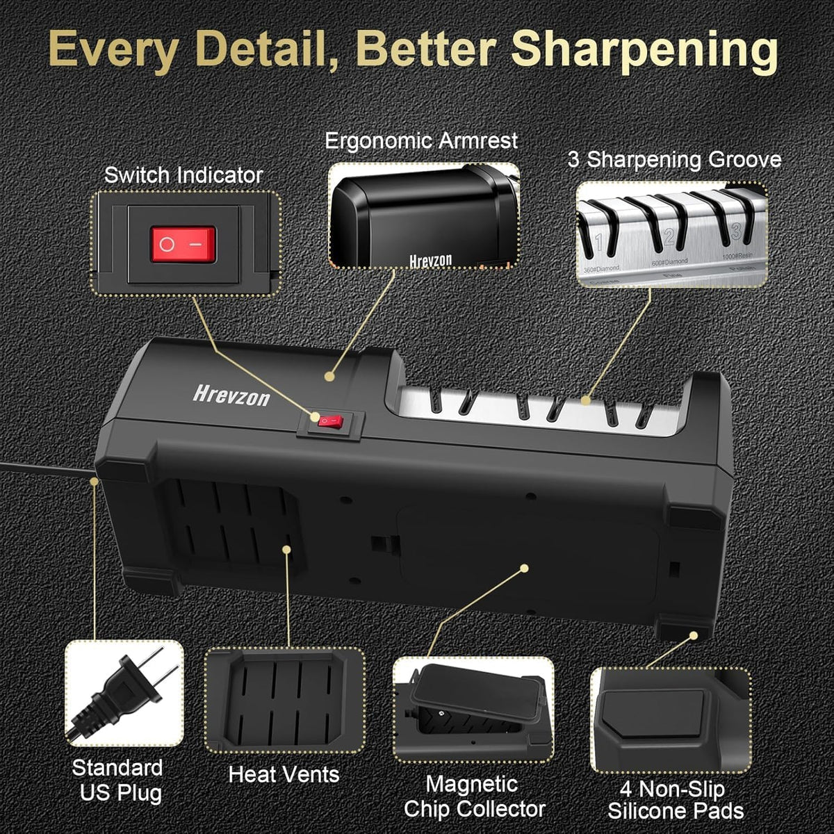 Electric Knife Sharpener 100% Diamond Abrasives, 3 Stages Knife Sharpener