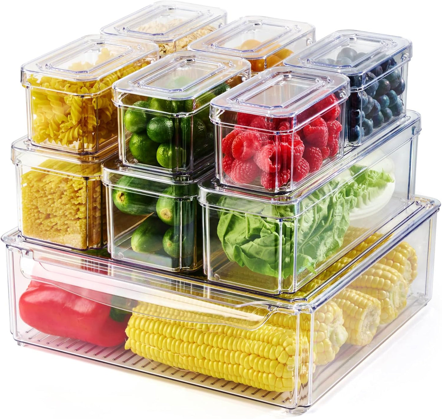 Luckore 4 Piece Refrigerator Organizer Bins, Clear Fridge Organizers and Storage, Stackable with Lids, Food Storage Containers for Fruit, Vegetable, Drinks, Cereals