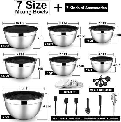 E-far Stainless Steel Mixing Bowls with Lids Set, 5-Piece Nesting Salad Bowls with 3 Grater Attachments and Non-Slip Bottoms, Size 4.6, 2.6, 2, 1.5, 1QT for Kitchen (Khaki)