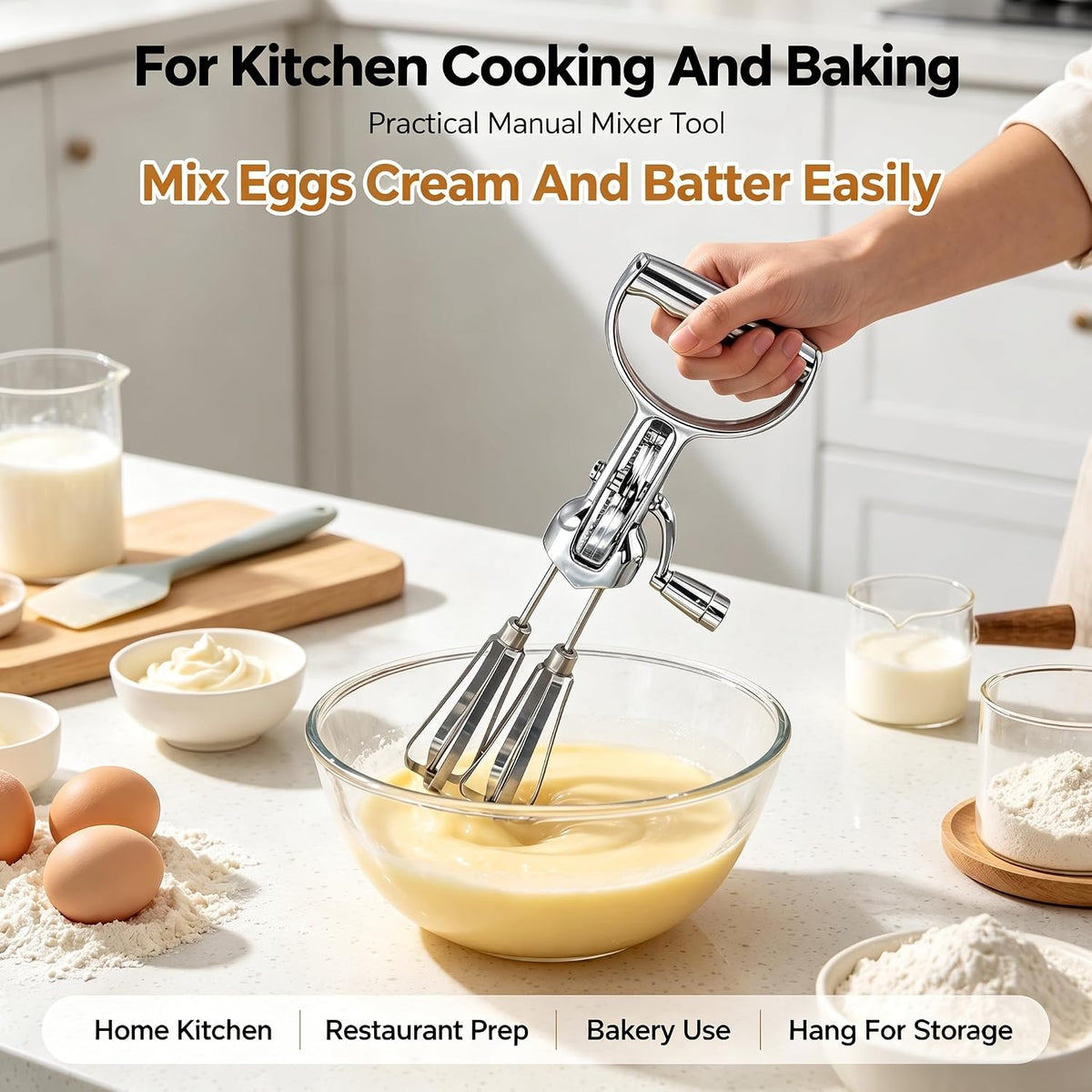 Manual Rotary Egg Beater With Stainless Steel Mixing Head And ABS Handle, 360 Degree Hand Crank Whisk For Kitchen Cooking Baking, Semi-Automatic Mixer Tool Saves Time Effort Easy Clean Dishwasher Safe
