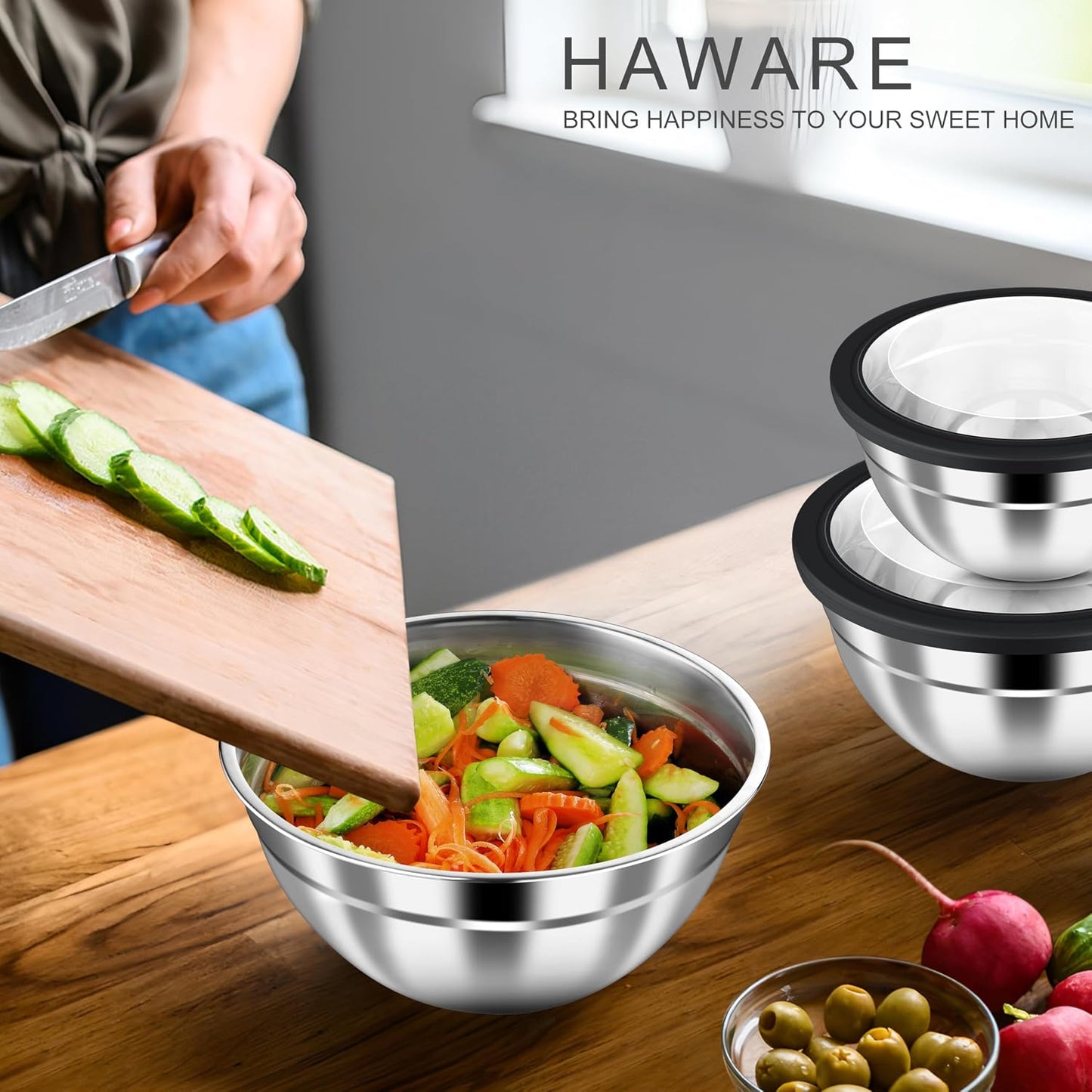 HaWare Mixing Bowls with Airtight Clear Lids, 6-Piece Stainless Steel Strong Nesting Bowls Set, Metal Salad Bowl for Cooking, Prepping, Baking, Serving & Food Storage, Size 4.6, 3, 1.5QT, Khaki