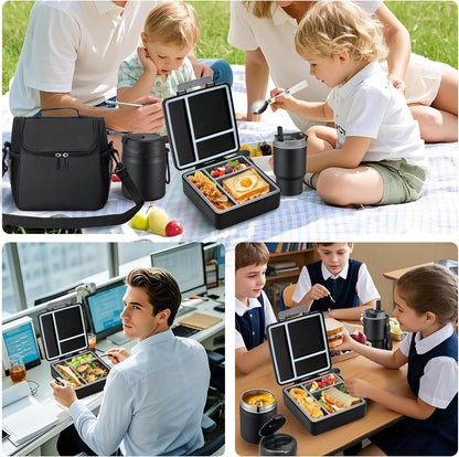 Bento Lunch Box for Kids with 17oz Soup Thermo,Insulated Tumbler Water Bottle and Insulated Lunch Bag,Leak-Proof 3 Compartment Lunch Food Container with Ice Pack for Kids to School-Horse