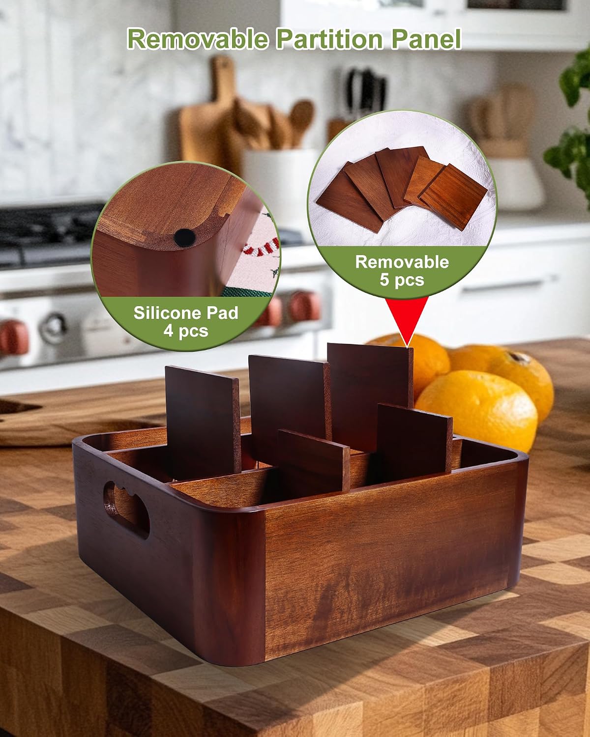 Acacia Wood Utensil Holder, Silverware Organizer Caddy with 4 Anti-Slip Pads, 5 Removable Dividers Utensil Organizer for Kitchen Counter, Party, and Picnic