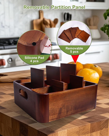 Acacia Wood Utensil Holder, Silverware Organizer Caddy with 4 Anti-Slip Pads, 5 Removable Dividers Utensil Organizer for Kitchen Counter, Party, and Picnic