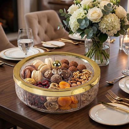 Yajuyi Divided Serving Tray Snack Dishes Dessert Plate Rotating Serving Platter Dish Clear Visibility Lid Suitable for Entertaining Living Room, Rose Golden Bow