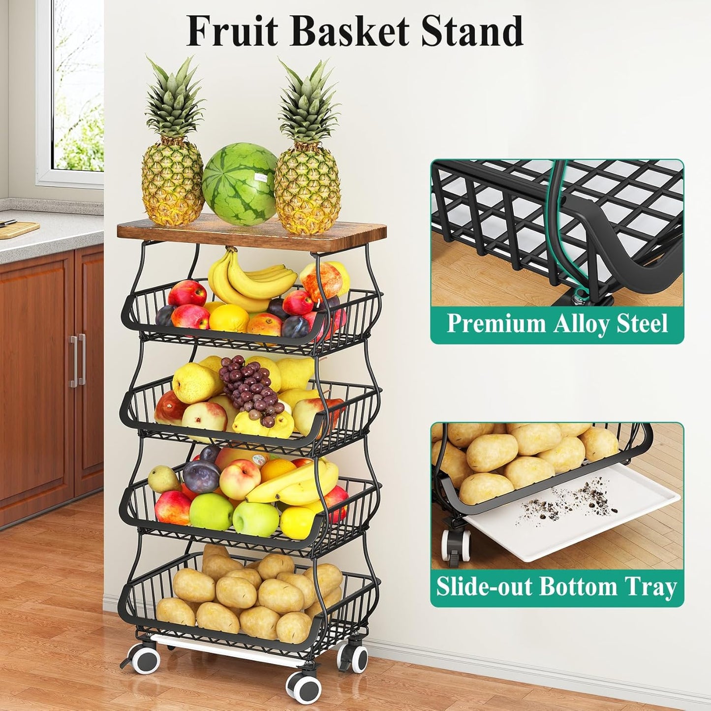 SAYZH Fruit Basket Kitchen Pantry Organizers and Storage - Wooden Top Table, Stackable Metal Wire Basket Stand Cart for Fruit Vegetable Snacks Onion Potato Organization (Black, 5 Tiers)