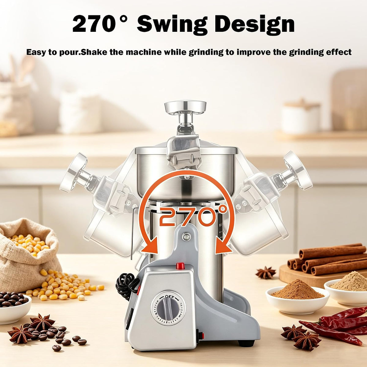 BI-DTOOL Electric Grain Mill Grinder 2000W Dry Material Grinding Machine 800g Stainless Steel Pulverizer 36000r/min High-speed Grain Mill 270° swingable Superfine powder for Home and Commercial 800g