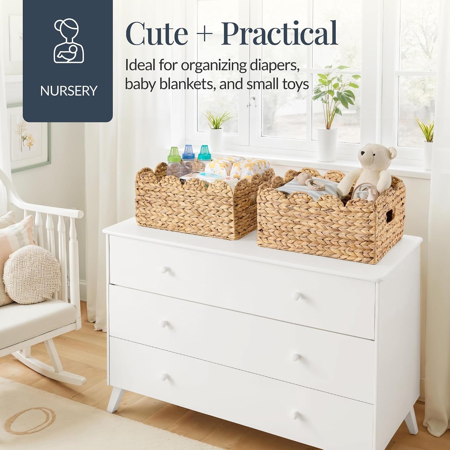 Best Choice Products 9x12 Scalloped Shelf Baskets, Woven Storage Bins, Storage Organizers for Pantry, Living Room, Bedroom, Nursery & Laundry, 4 Pack - Natural with White Trim