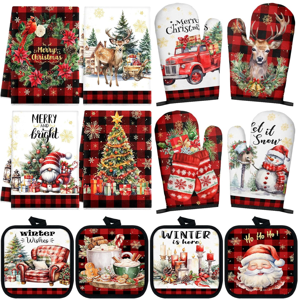 SiliFine 12 Pcs Fall Pumpkin Kitchen Towels Oven Mitts Pot Holders Set