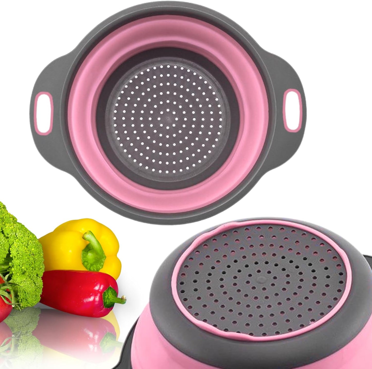 3PCS Green Foldable Kitchen Strainer Set – Silicone Colander Collapsible Strainers and Colanders Green Collander for Kitchen Collapsible Compact Drain Tools for Cooking Prep