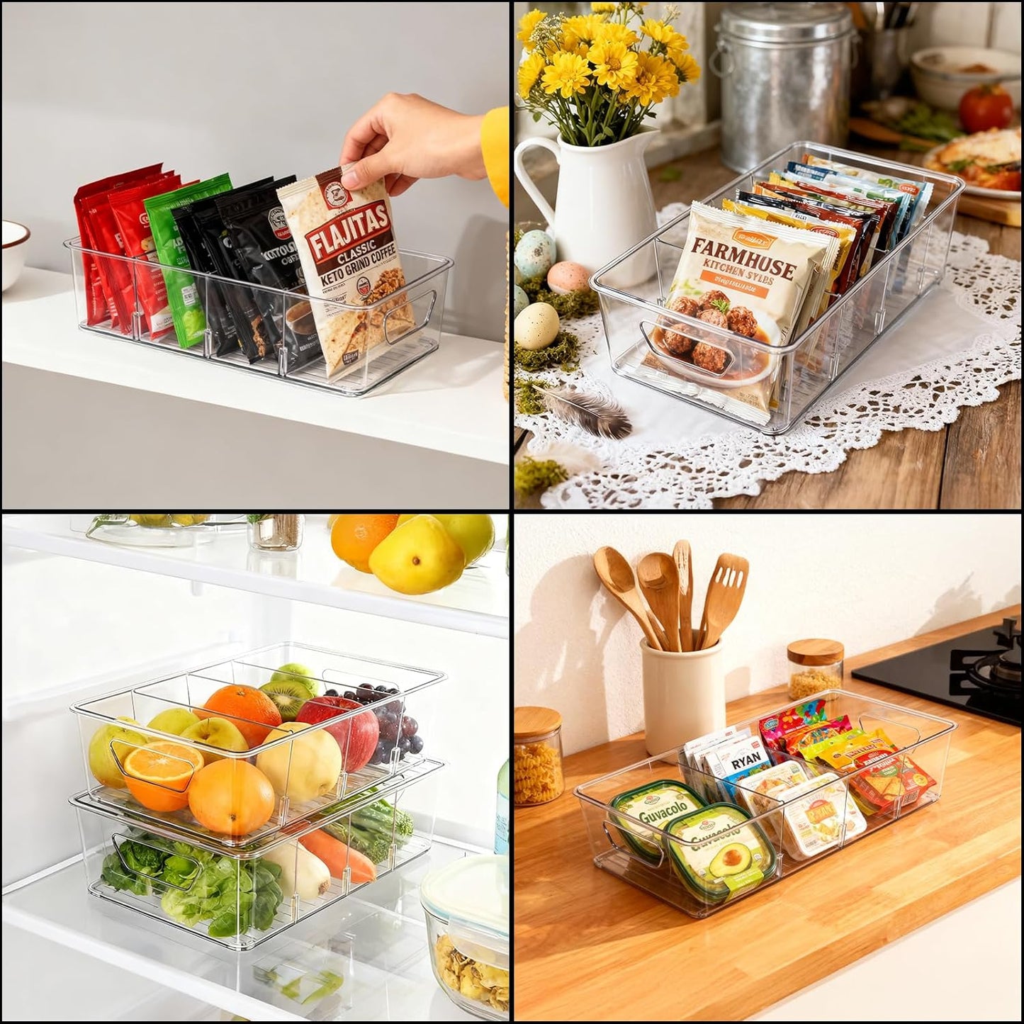 2 Pcs Seasoning Packet Organizer with Detachable Dividers, Storage Organizer Box for Cabinet, Kitchen Snacks Spice Packets Organizer and packet organizer pantry