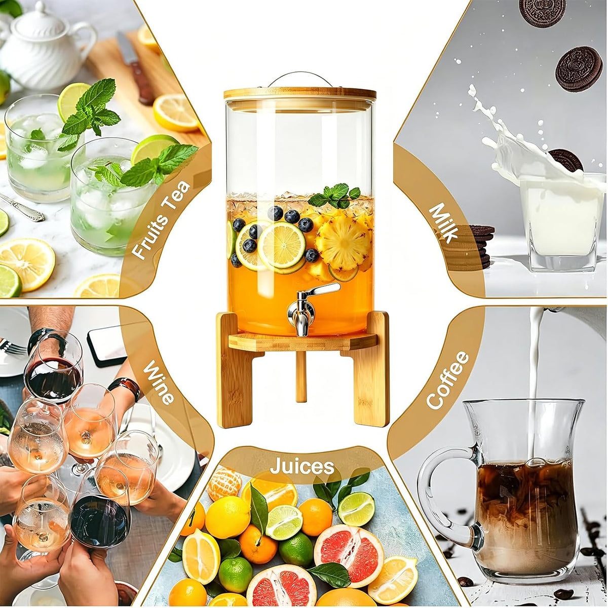 Beverage Dispenser, 4Gallon Glass Drink Dispenser with Stand, Stainless Steel Spigot, Ideal for Parties, Bars, Restaurants (15L/4 Gallon)