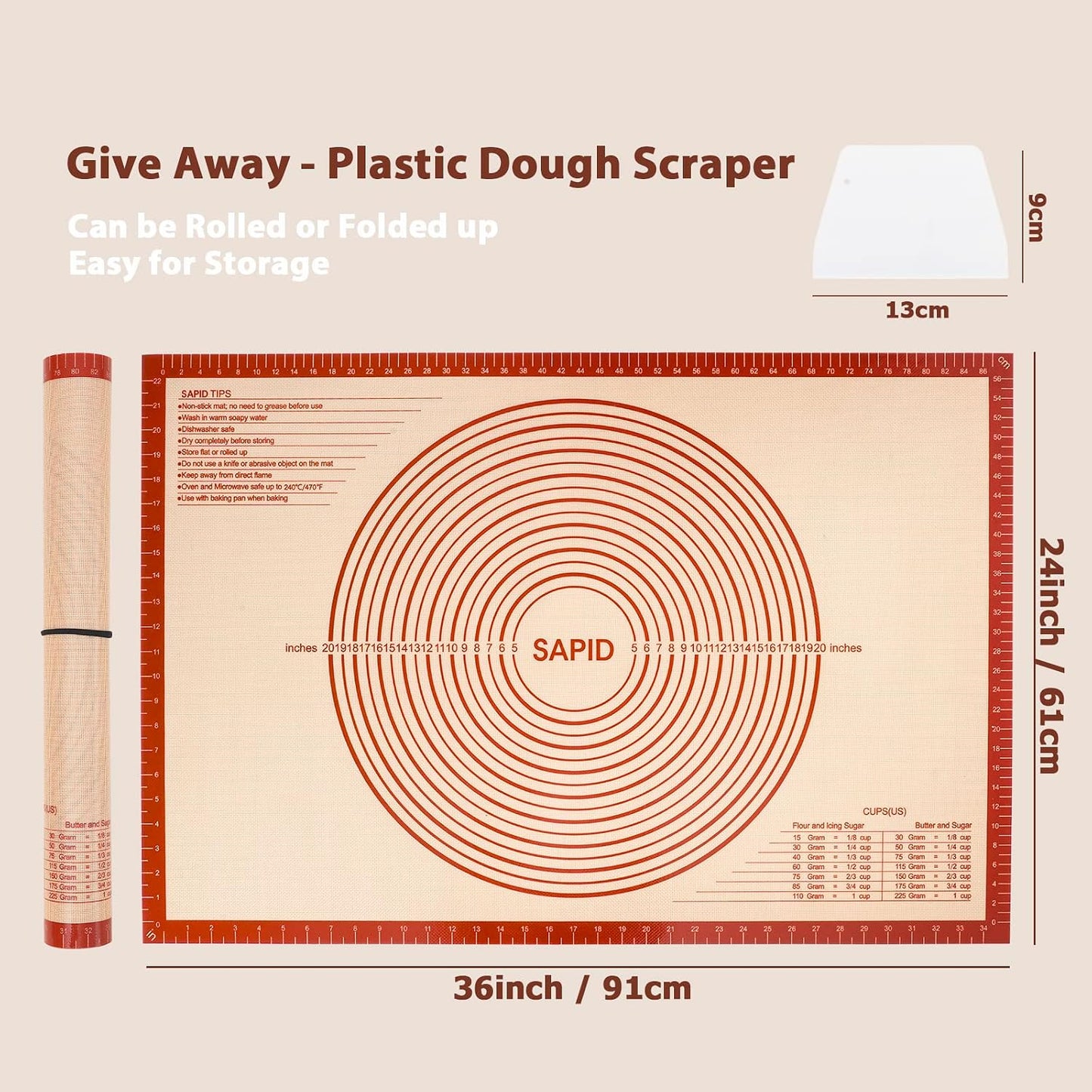 Sapid Extra Thick Silicone Pastry Mat Non-slip with Measurements for Non-stick Silicone Baking Mat Extra Large, Dough Rolling, Pie Crust, Kneading Mats, Countertop, Placement Mats (24" x 36", Gray)