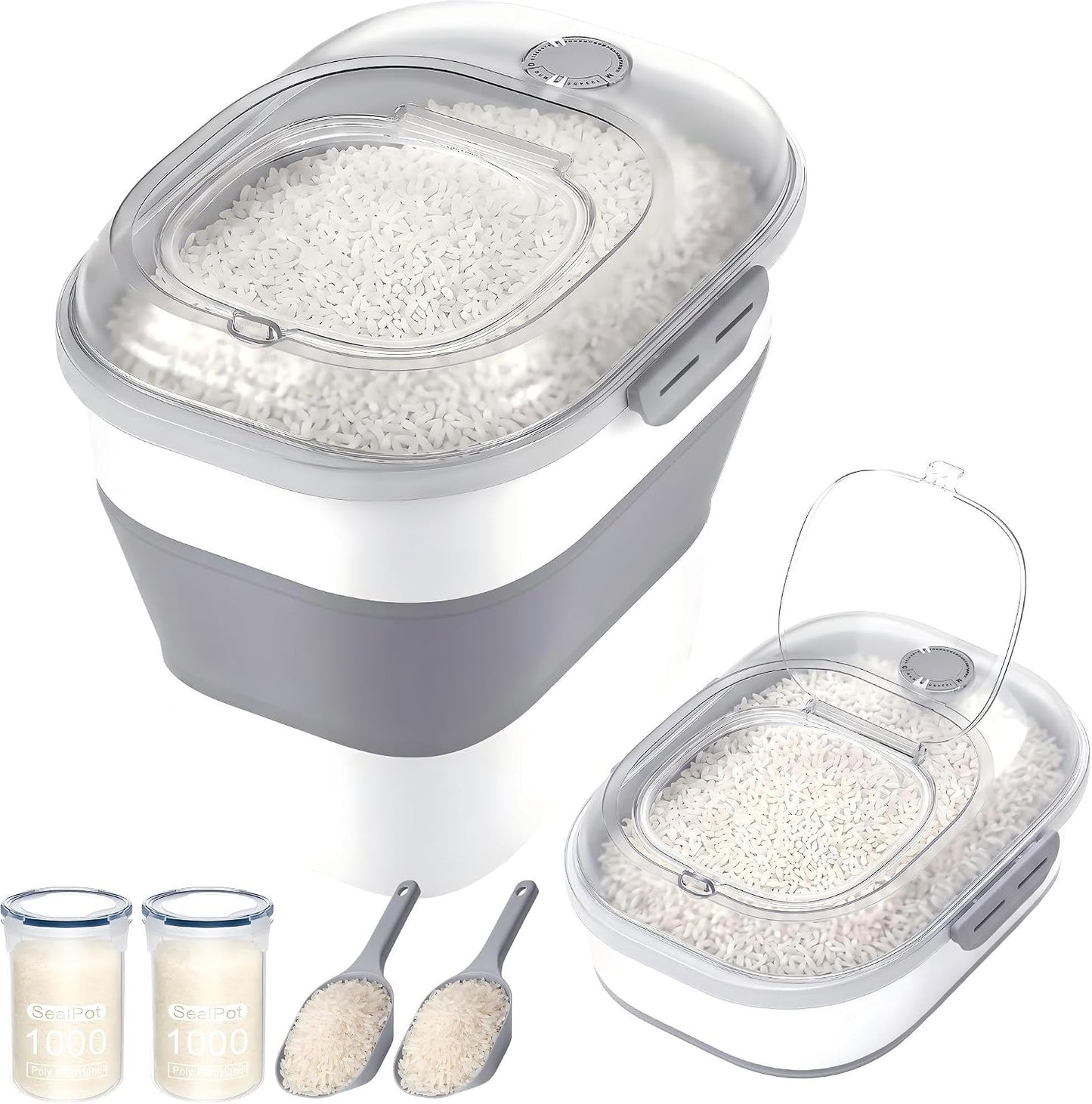 50 Lbs Rice Storage Container with Wheels, Collapsible Airtight Rice Holder with Transparent Lid, Measuring Cup, Scoop, Handle, BPA Free Food Storage Container for Pet Food, Grain, Bird Seed