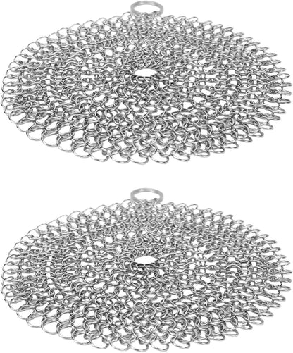 Sanpyl 2 Pcs Stainless Steel Pie Weights, 17.5cm Baking Pie Weights & Chainmail Scrubber, 304 Stainless Steel Skillet Cleaner, 2 Sided Chain for Kitchen, Ideal for Cast Iron Pans (L)