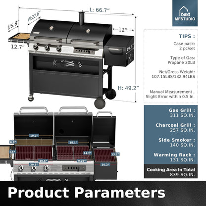 MFSTUDIO 5 Burner Gas Grill Griddle Combo with Porcelain-Enameled Cast Iron Grates,Cutting Board and Double Lids, Duel-Function Propane BBQ Grills with Flat Top Grddle for Outdoor Barbecue Cooking