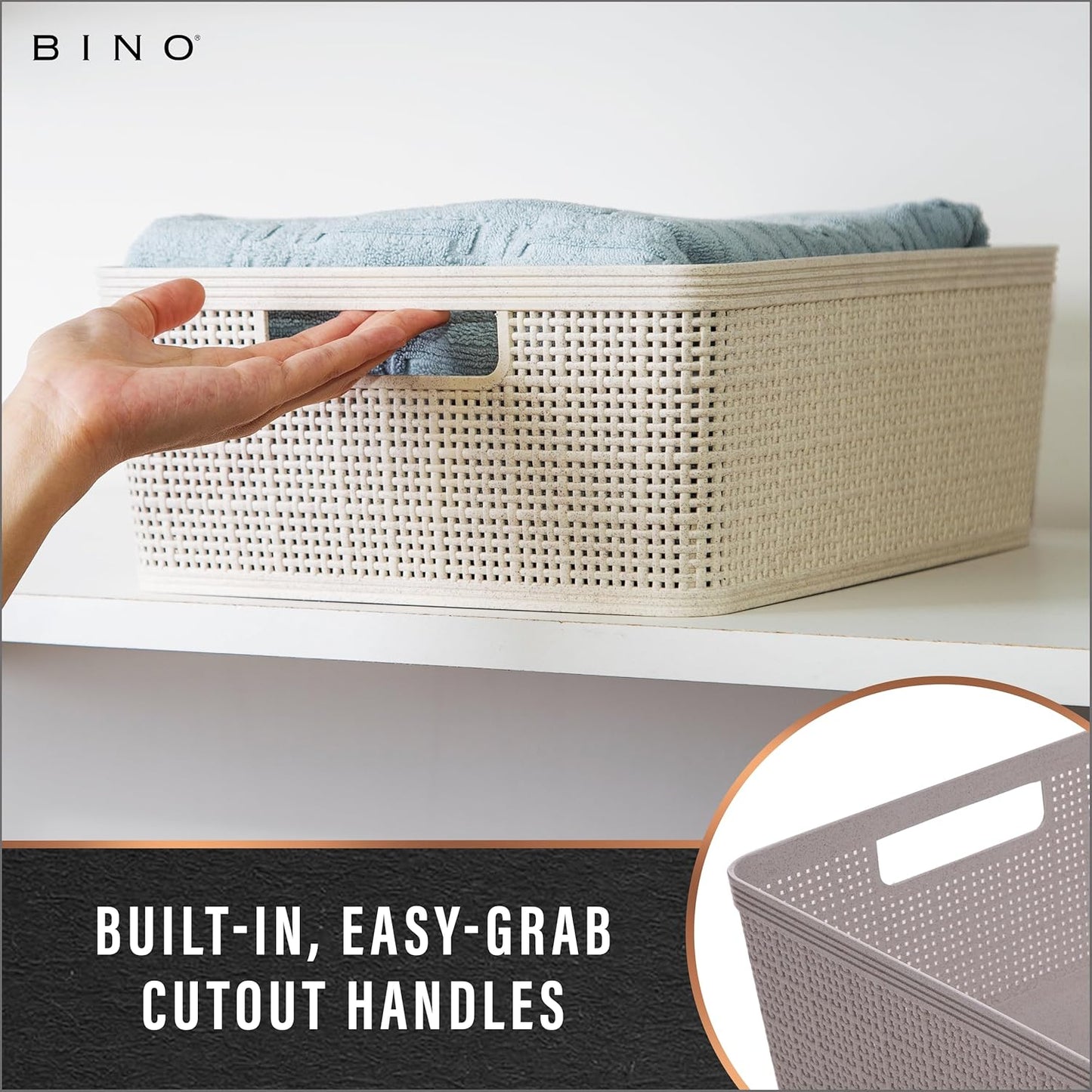 BINO Woven Plastic Basket | Large (Natural), 3-Pack | THE JUTE COLLECTION | Home Organization, Space-Saving Storage, Stylish Design | Plastic Storage Basket