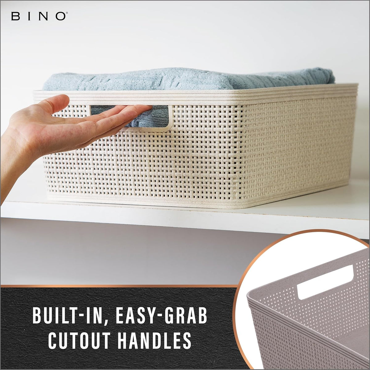 BINO Woven Plastic Basket | Large (Natural), 3-Pack | THE JUTE COLLECTION | Home Organization, Space-Saving Storage, Stylish Design | Plastic Storage Basket