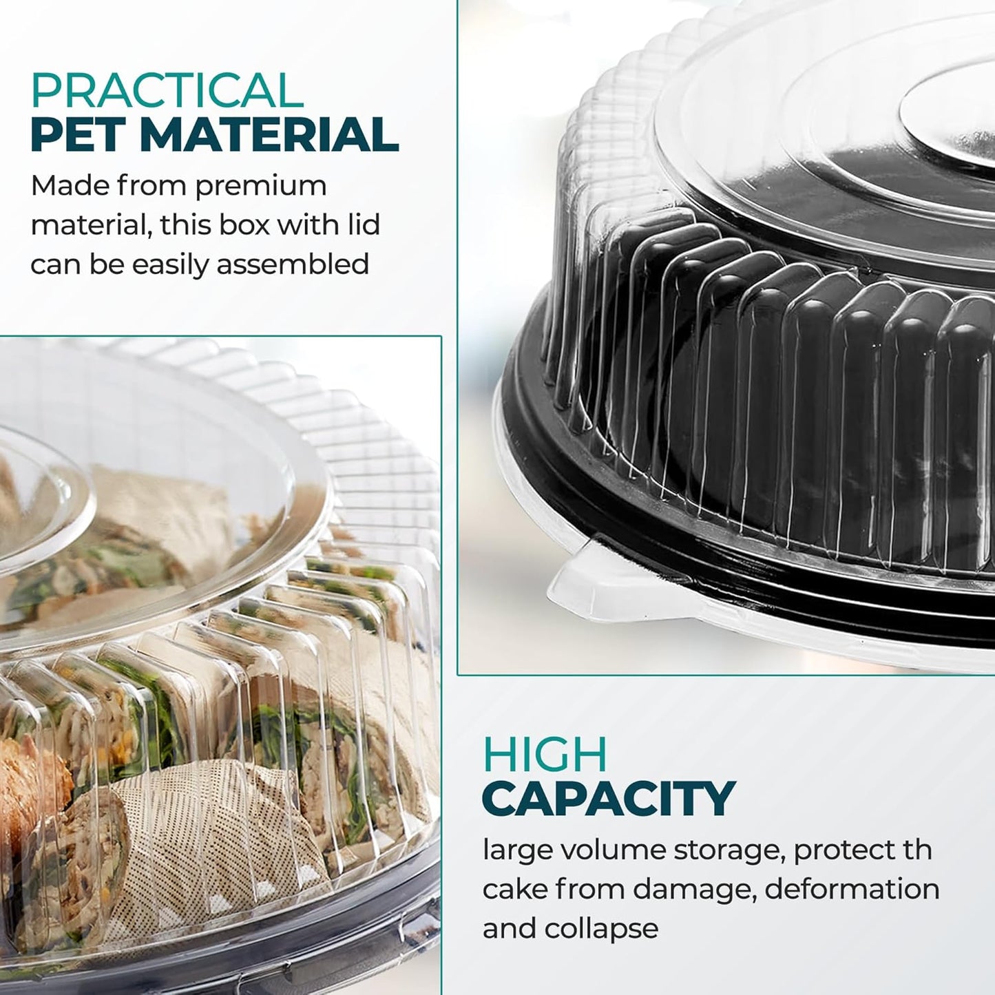 12" Catering Trays With Lids [3 Pack] - Black Serving Tray, Clear Lid, Plastic Disposable Round Party Platters, Flan Containers, Dessert Sandwich Cookie Food Trays for Parties