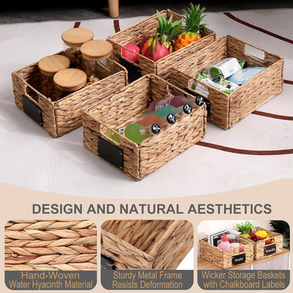 LYJWOO6D Water Hyacinth Storage Baskets Set of 4 Wicker Pantry Baskets,Hand-Woven Foldable Seagrass Organizers with Chalkboard Labels and Chalk Marker,Rectangular Shelf Basket for Organizing