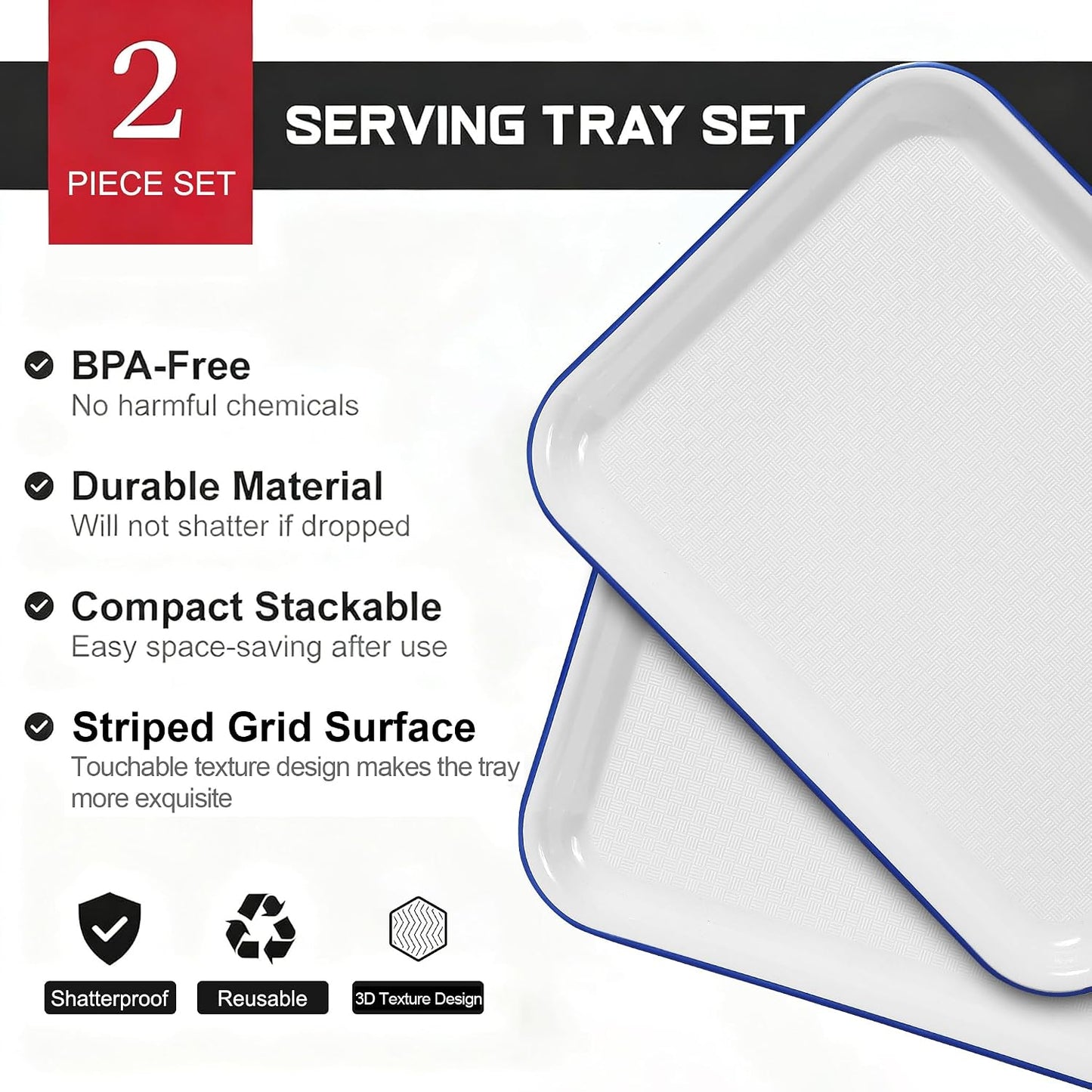 2pcs Melamine Serving Trays Set Two Tone 14.5" x 11" Large White Black Reusable Serving Platters for Cookie, Appetizer, Snack, Dessert, Party Food Display, Rectangular Party Trays and Platters