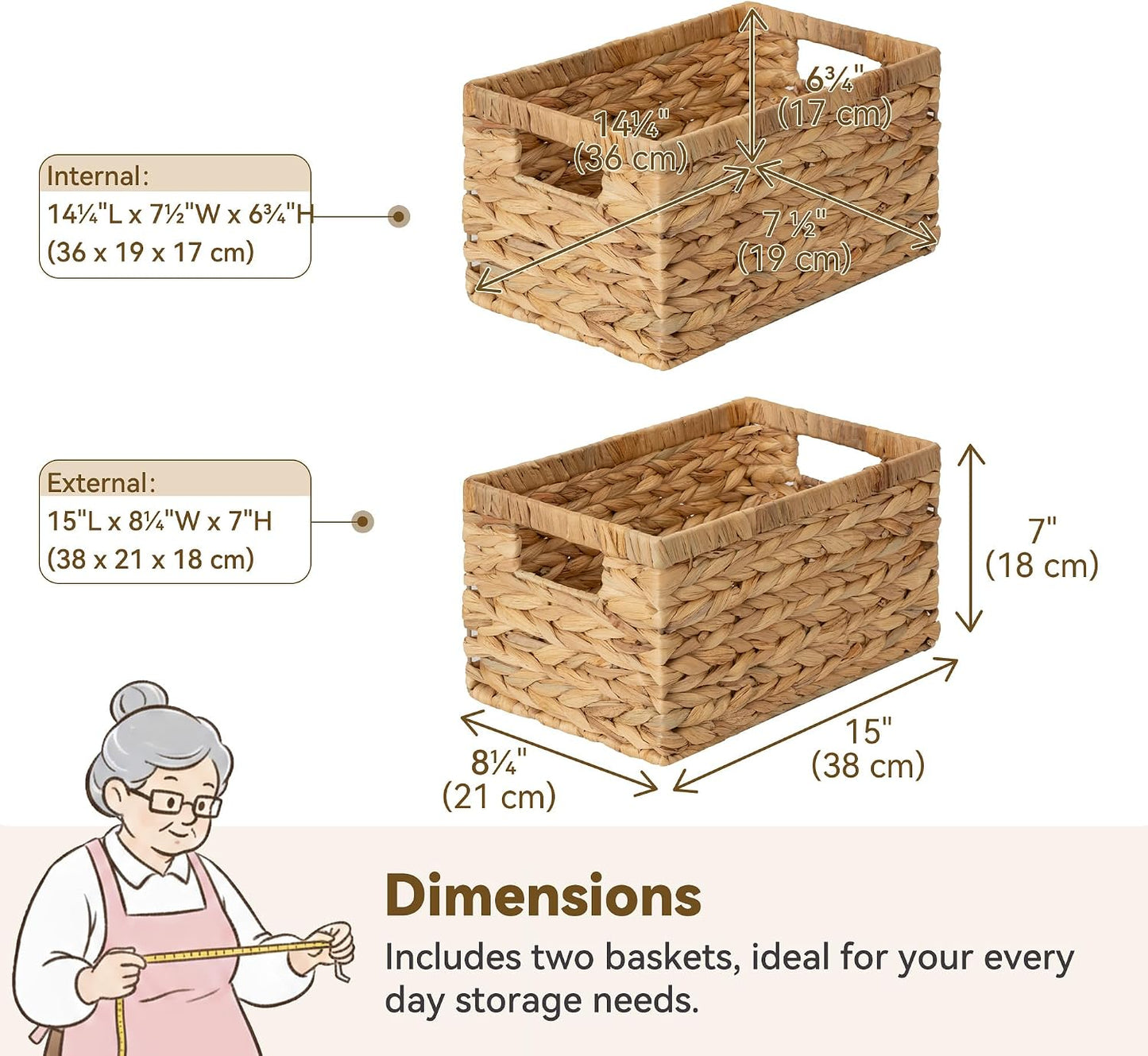 GRANNY SAYS Wicker Storage Baskets for Shelves, Water Hyacinth Basket with Scalloped Edge, Storage Wicker Baskets for Pantry, Large, 2-Pack