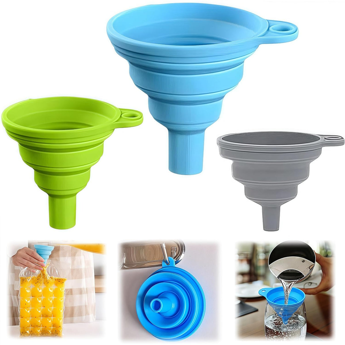 3 Size Kitchen Funnel Set, 2026 Upgraded Funnels for Kitchen Use Filling Bottles, Food Grade Silicone Collapsible Funnels for Filling Small Bottle Kitchen Gadgets