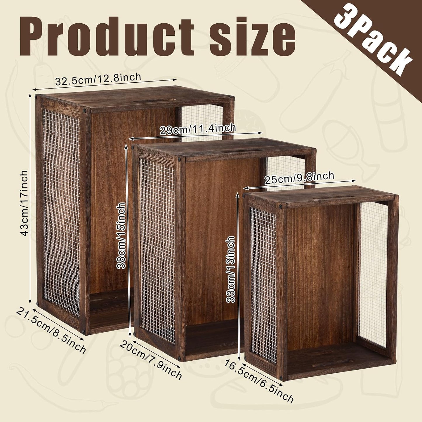 3 Pcs Wooden Countertop Baskets for Kitchen Bathroom, Easy Self-assembly Rustic Nesting Boxes with Handle and Wire Mesh, Multipurpose Wooden Crates for Fruit, Include Screws (3 Size,Dark Brown)
