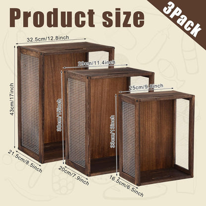 3 Pcs Wooden Countertop Baskets for Kitchen Bathroom, Easy Self-assembly Rustic Nesting Boxes with Handle and Wire Mesh, Multipurpose Wooden Crates for Fruit, Include Screws (3 Size,Dark Brown)