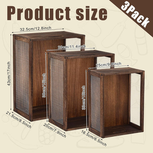 3 Pcs Wooden Countertop Baskets for Kitchen Bathroom, Easy Self-assembly Rustic Nesting Boxes with Handle and Wire Mesh, Multipurpose Wooden Crates for Fruit, Include Screws (3 Size,Dark Brown)