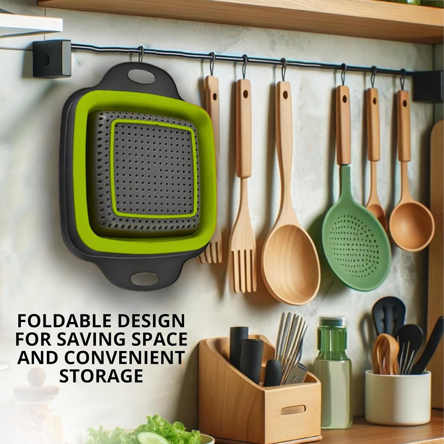 3PCS Green Foldable Kitchen Strainer Set – Silicone Colander Collapsible Strainers and Colanders Green Collander for Kitchen Collapsible Compact Drain Tools for Cooking Prep