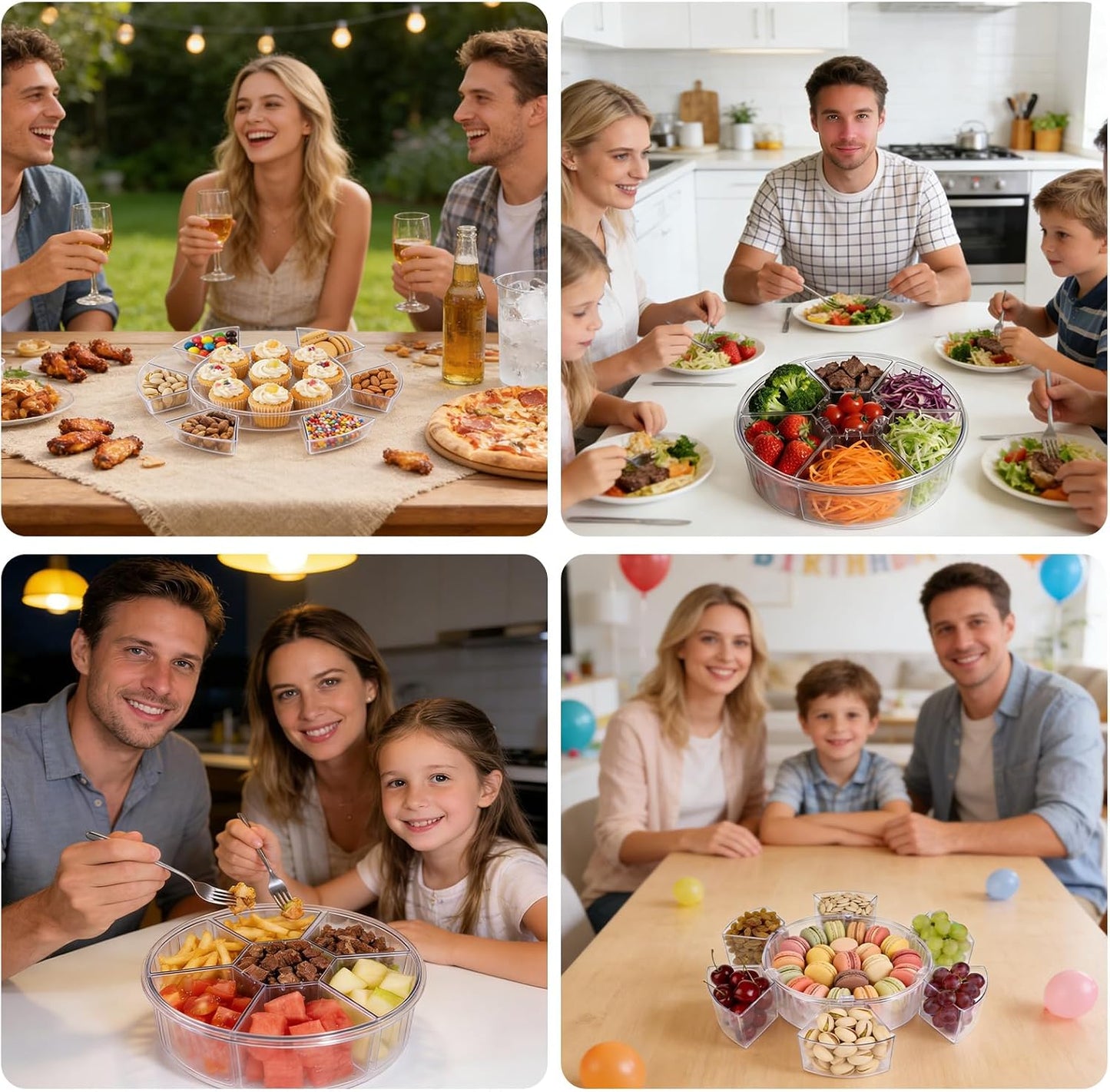 Aufind Divided Serving Tray with Lid and Handle, Stackable Snackle Box Container for Fruits Candy Veggies, Portable Spinning Rounded Tray with 6 Removable Dip Bowls